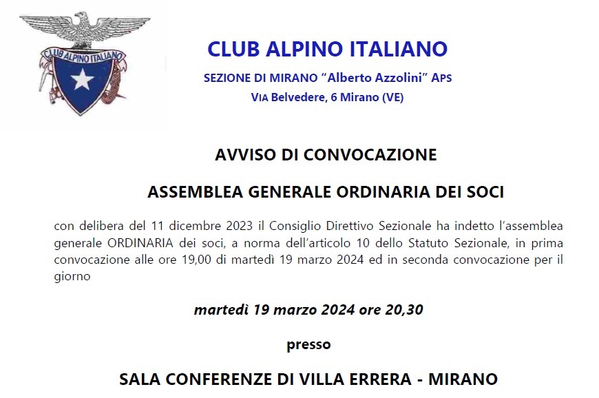 ASSEMBLEA GENERALE ORDINARIA DEI SOCI – MARTEDI 19 MARZO – SALA CONFERENZE DI VILLA ERRERA – MIRANO