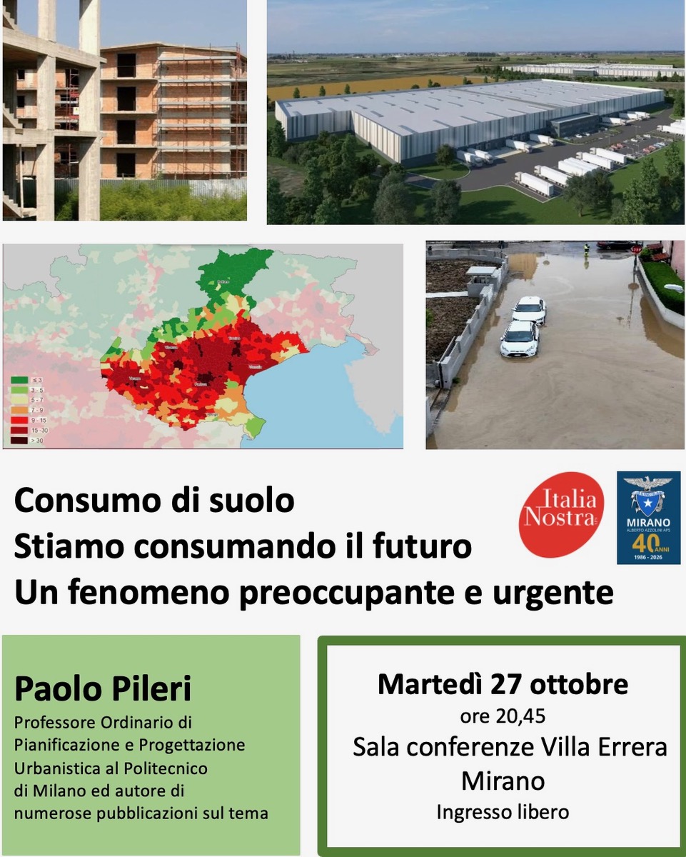 Martedì 27 Ottobre – Villa Errera – Consumo di suolo – Un fenomeno preoccupante e urgente